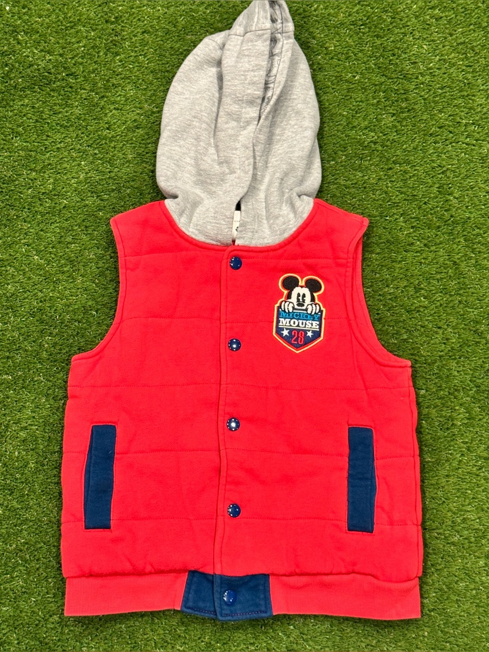Mickey Mouse Disney Kids Sleeveless Puffy Hooded Vest Size 7/8 Red Blue Gray